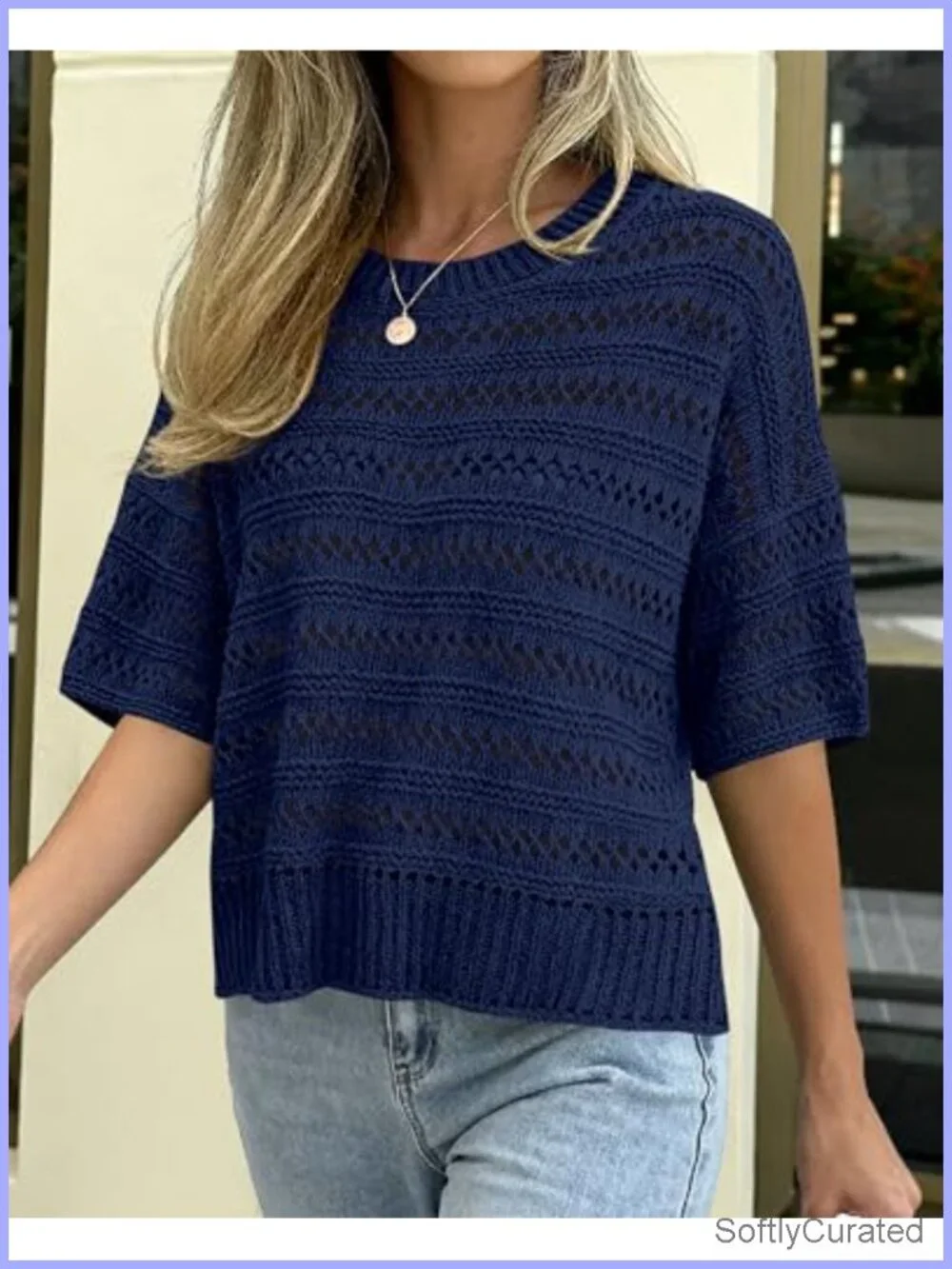Oversized Crochet Short Sleeve Pullover Sweater, Lightweight Hollow Out Knit,